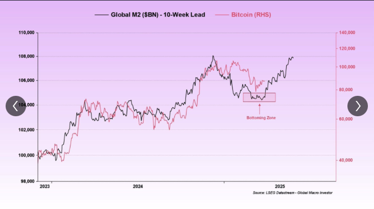 Chart comparing Global M2 money supply with Bitcoin, showing liquidity growth leading Bitcoin with a highlighted bottoming zone and suggesting further upside if the relationship holds.