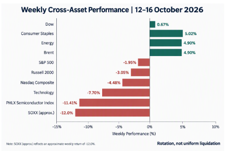 Weekly cross-asset performance, 12 to 16 October 2026: Dow and consumer staples up, Nasdaq and semiconductors down