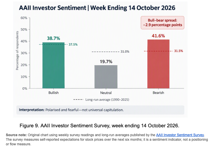 AAII investor sentiment survey, week ending 14 October 2026: 38.7% bullish, 41.6% bearish