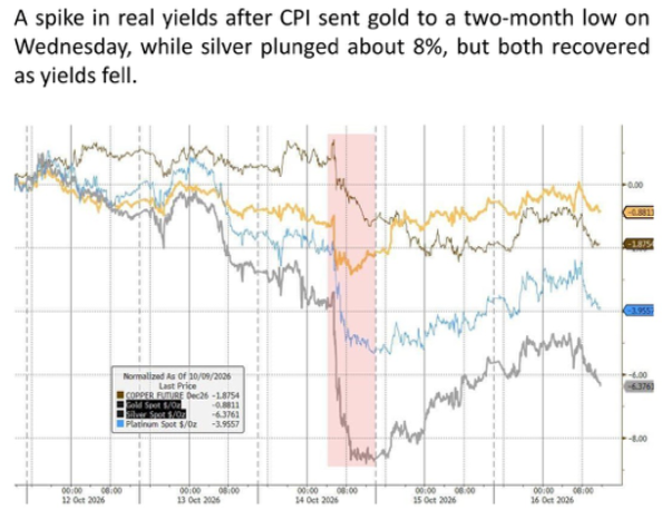 Gold, silver, copper and platinum during the week, after the CPI spike in real yields