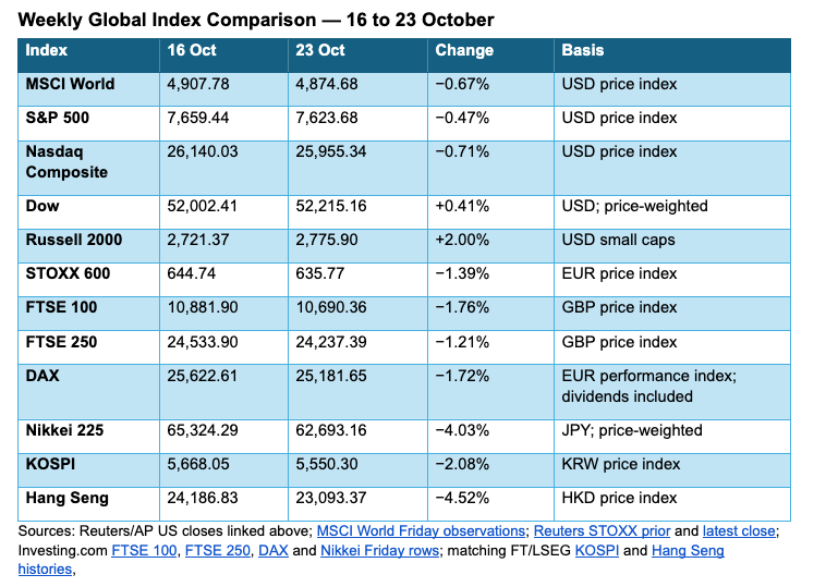 Weekly global index comparison, 16 to 23 October 2026: MSCI World, S&P 500, Nasdaq, Dow, Russell 2000, STOXX 600, FTSE, DAX, Nikkei, KOSPI and Hang Seng
