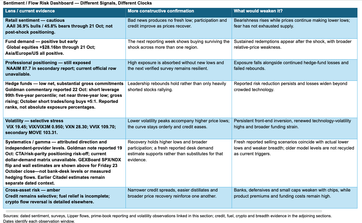 Sentiment and flow risk dashboard: retail sentiment, fund demand, positioning, hedge funds, volatility and systematic flows