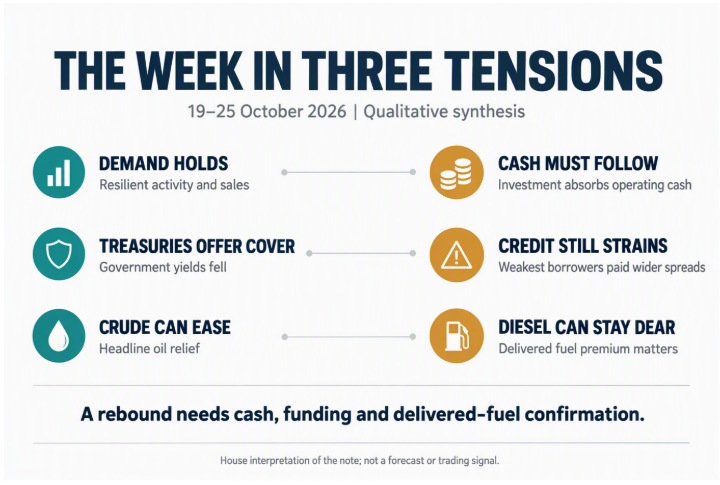 The week in three tensions, 19 to 25 October 2026: demand and cash, Treasuries and credit, crude and diesel